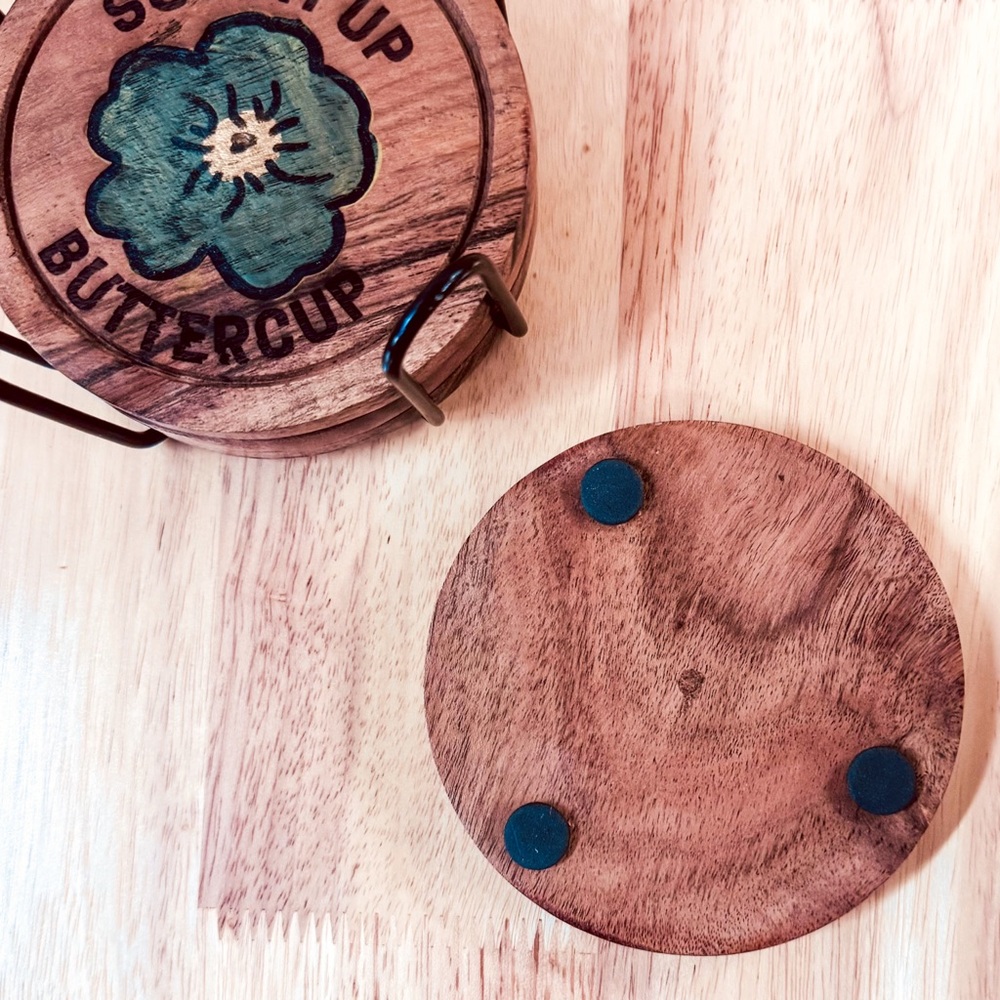 Wooden Coaster Set - "Suck It Up Buttercup" Engraved Design with Holder - Picture 4 of 5